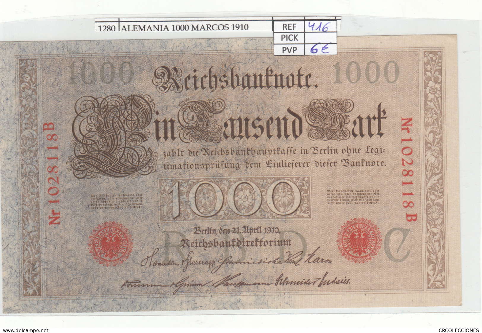 BILLETE ALEMANIA 1.000 MARCOS 1910 P-44b/1  - Sonstige – Europa