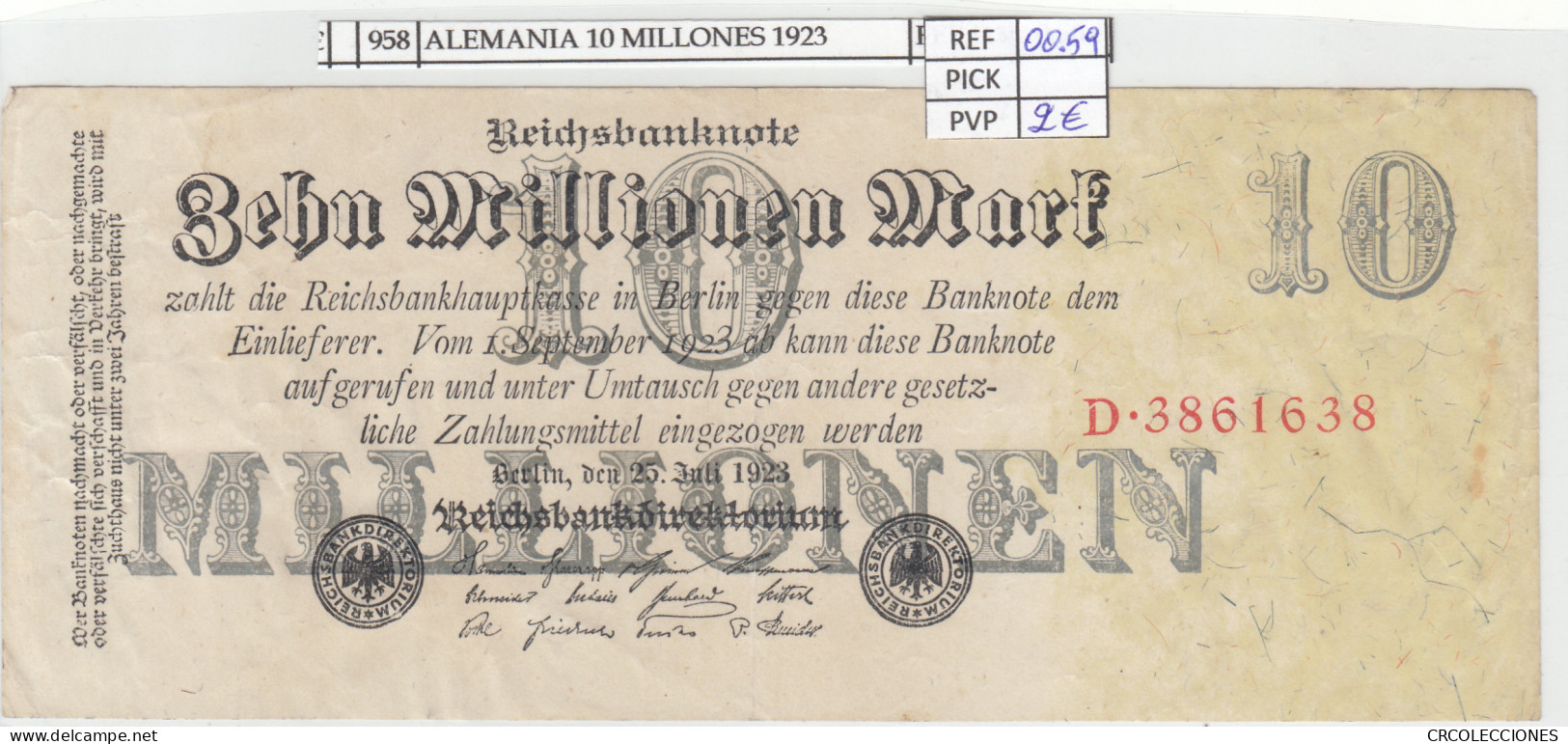 BILLETE ALEMANIA 10 MILLONES 1923 P-96  - Otros – Europa