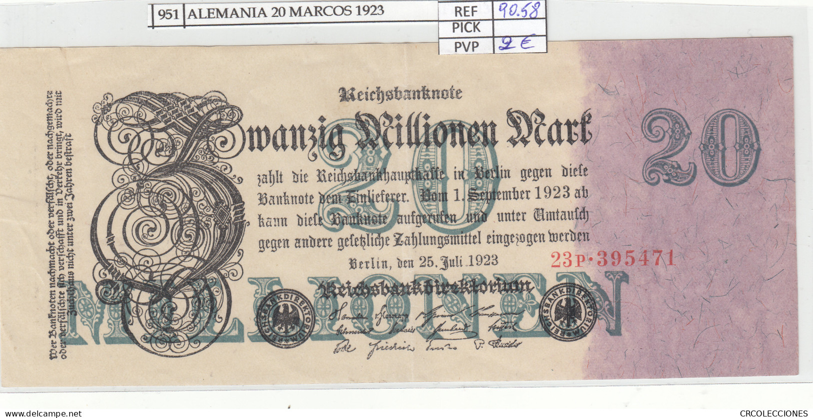 BILLETE ALEMANIA 20 MILLONES MARCOS 1923 P-97/2 - Other - Europe