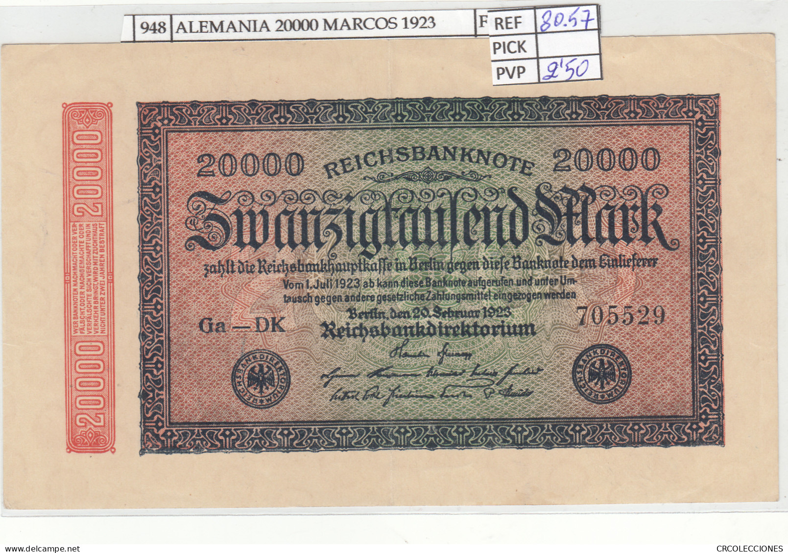 BILLETE ALEMANIA 20.000 MARCOS 1923 P-85a/2 - Other - Europe