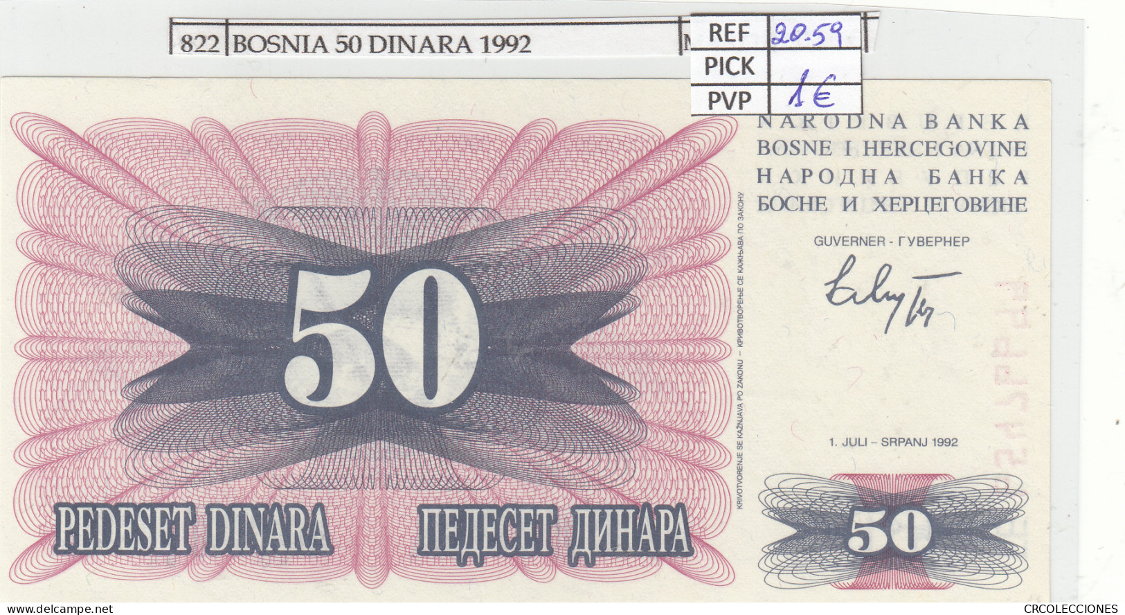 BILLETE BOSNIA HERZOGOVINA 50 DINARA 1992 P-12a - Sonstige – Europa