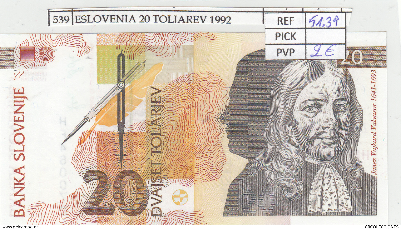 BILLETE ESLOVENIA 20 TOLJAREV 1992 P-12a - Andere - Europa