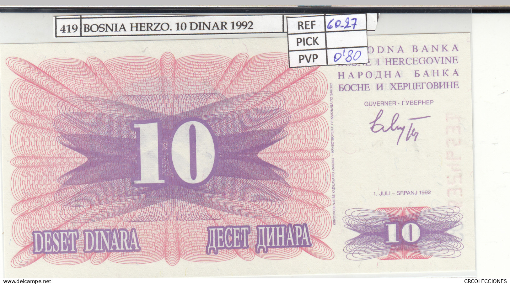 BILLETE BOSNIA HERZOGOVINA 10 DINARA 1992 P-41a - Sonstige – Europa