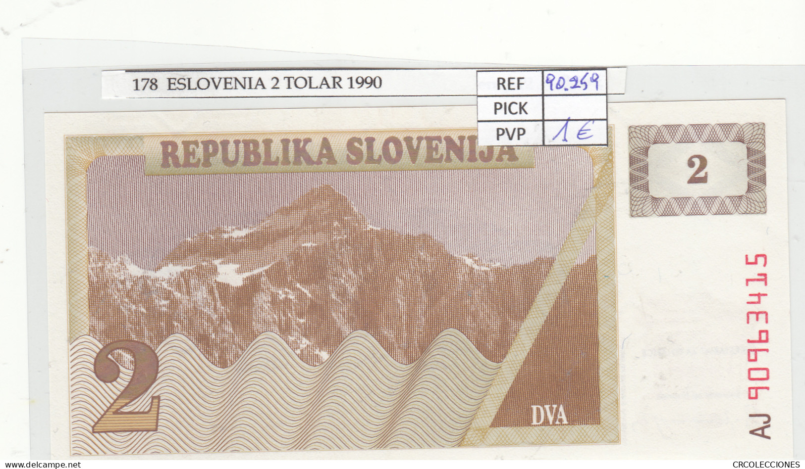 BILLETE ESLOVENIA 2 TOLAR 1990 P-2a - Otros – Europa