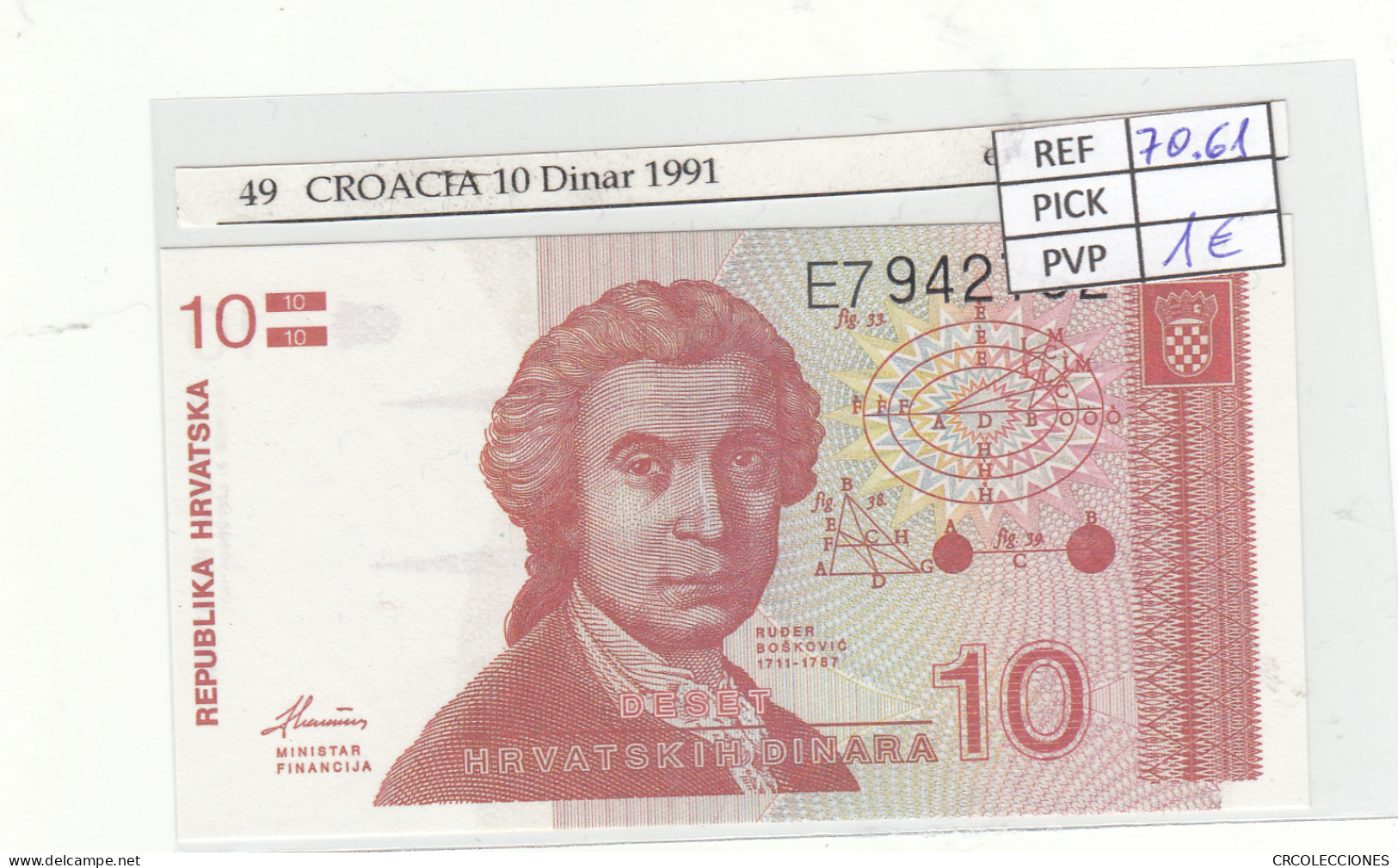 BILLETE CROACIA 10 DINARA 1991 P-18a - Otros – Europa