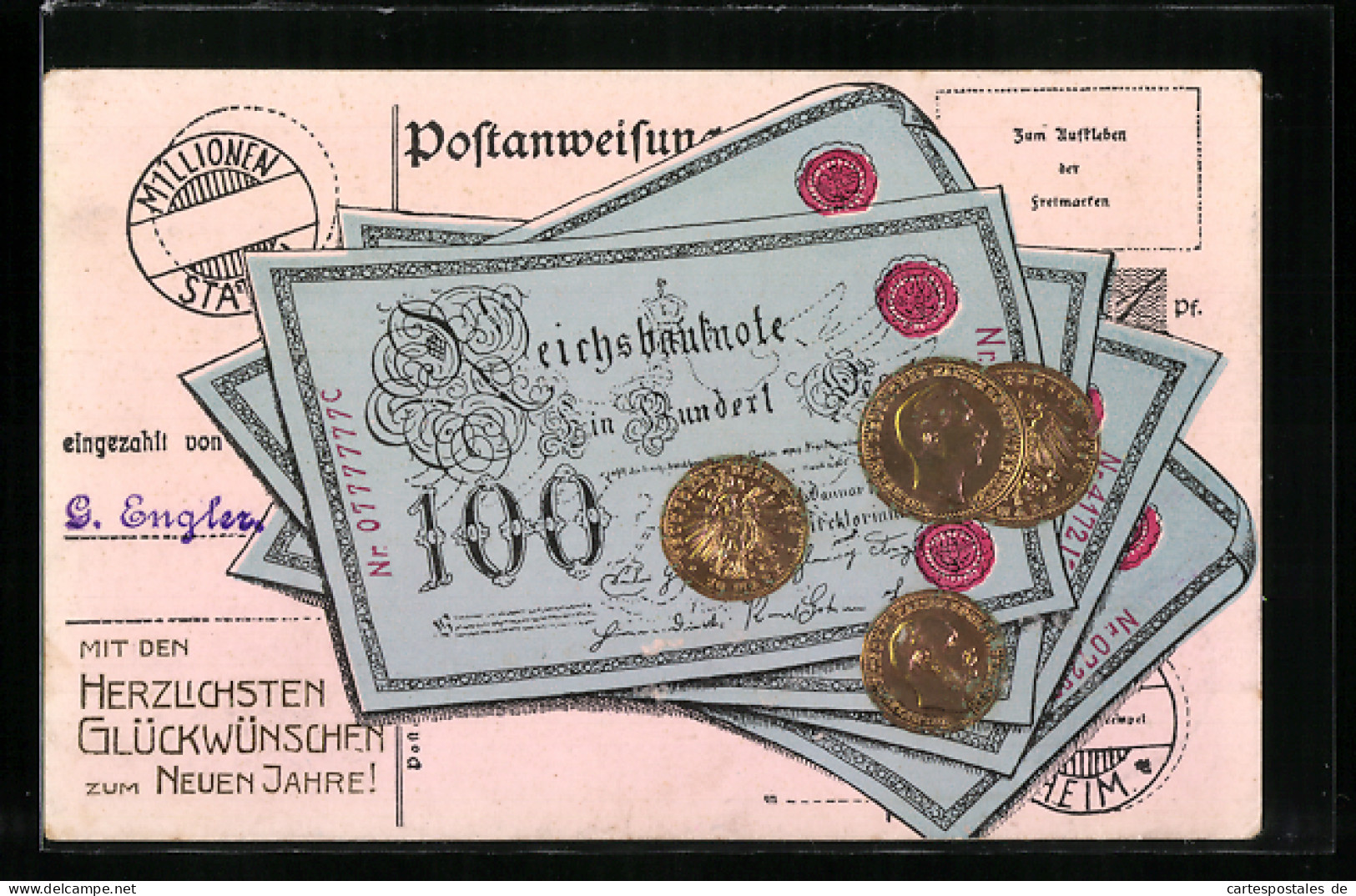 AK Neujahrsgrüsse Mit Reichsbanknote 100 Mark Und Münzen  - Monedas (representaciones)