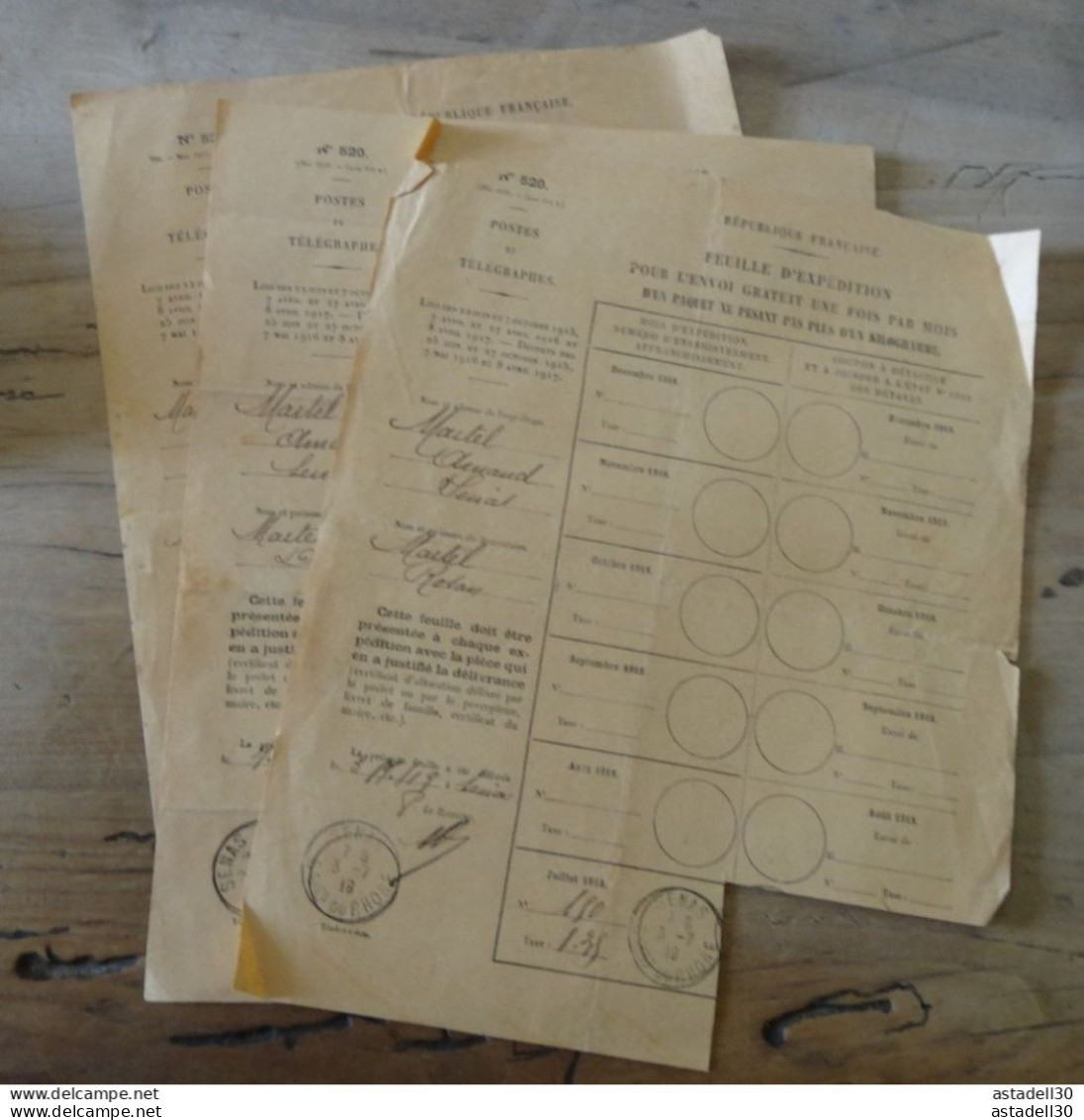 3 Feuilles D'Expédition Pour L'Envoi Gratuit De Paquets / Colis Postaux,1918-19 - SENAS 13 ... PHI-Ciasse-41.... COL-001 - Briefe U. Dokumente
