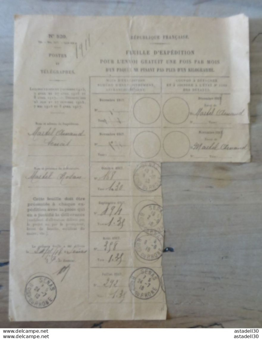 3 Feuilles D'Expédition Pour L'Envoi Gratuit De Paquets / Colis Postaux,1918-19 - SENAS 13 ... PHI-Ciasse-41.... COL-001 - Cartas & Documentos