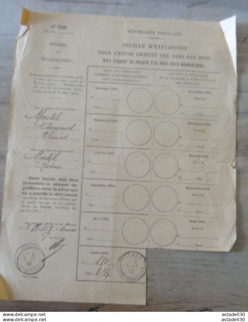 3 Feuilles D'Expédition Pour L'Envoi Gratuit De Paquets / Colis Postaux,1918-19 - SENAS 13 ... PHI-Ciasse-41.... COL-001 - Storia Postale