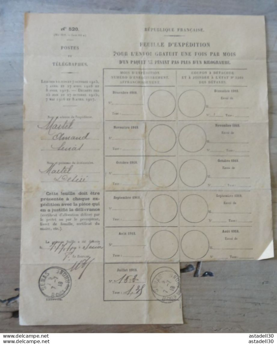 3 Feuilles D'Expédition Pour L'Envoi Gratuit De Paquets / Colis Postaux,1918-19 - SENAS 13 ... PHI-Ciasse-41.... COL-001 - Lettres & Documents