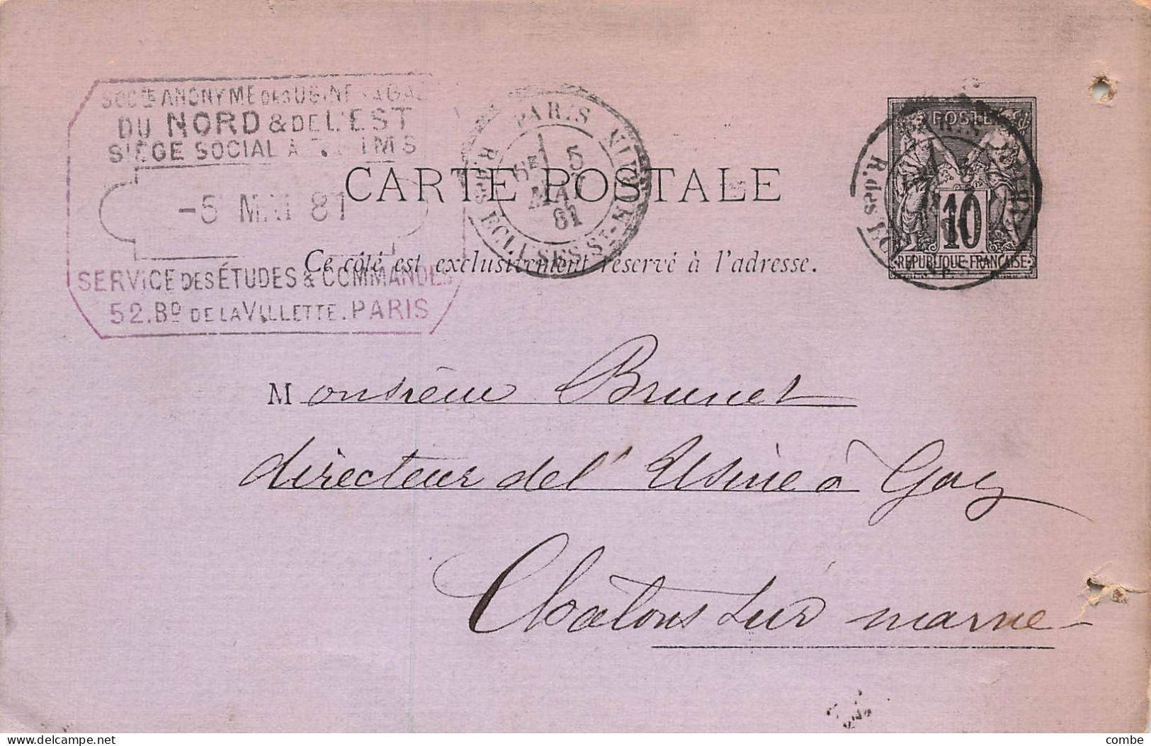 CARTE. ENTIER SAGE. PARIS. 1881. RUE DES EGLISERS St MARTIN. Sté ANONYME DE L'USINE A GAZ DU NORD ERT DE L'EST. Bd LA VI - 1877-1920: Semi-moderne Periode