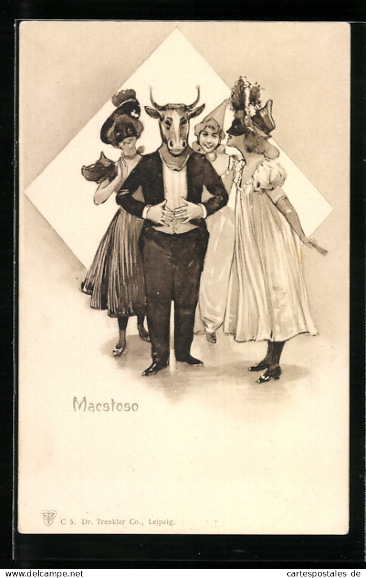 AK Maestoso, Herr Mit Stiermaske Und Drei Damen, Fasching  - Carnaval