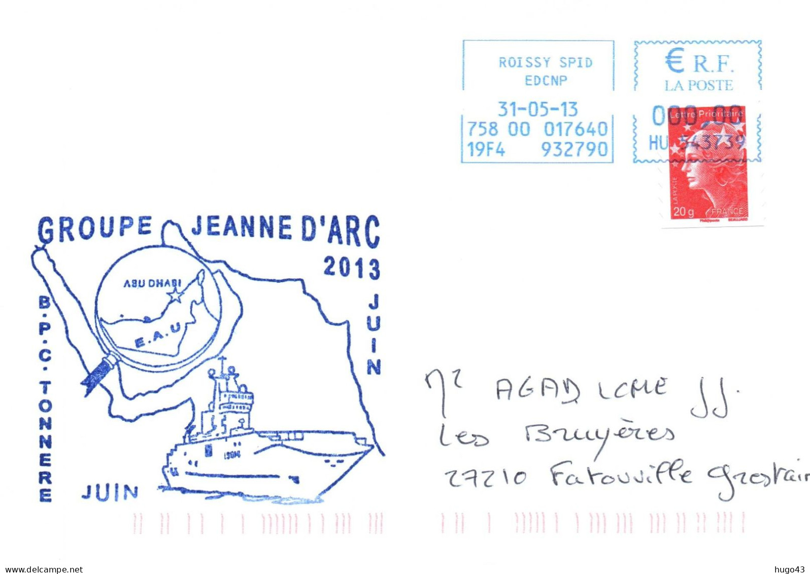 ENVELOPPE AVEC CACHET B.P.C. TONNERRE - GROUPE JEANNE D' ARC 2013 - ABU DHABI LE 31/05/2013 - Poste Navale