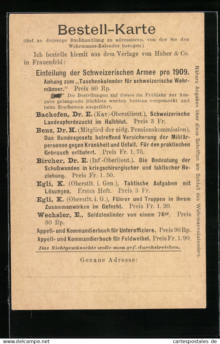 AK Bestell-Karte, Einteilung Der Schweizerischen Armee Pro 1909, Bachofen, Bibliothek  - Bibliothèques