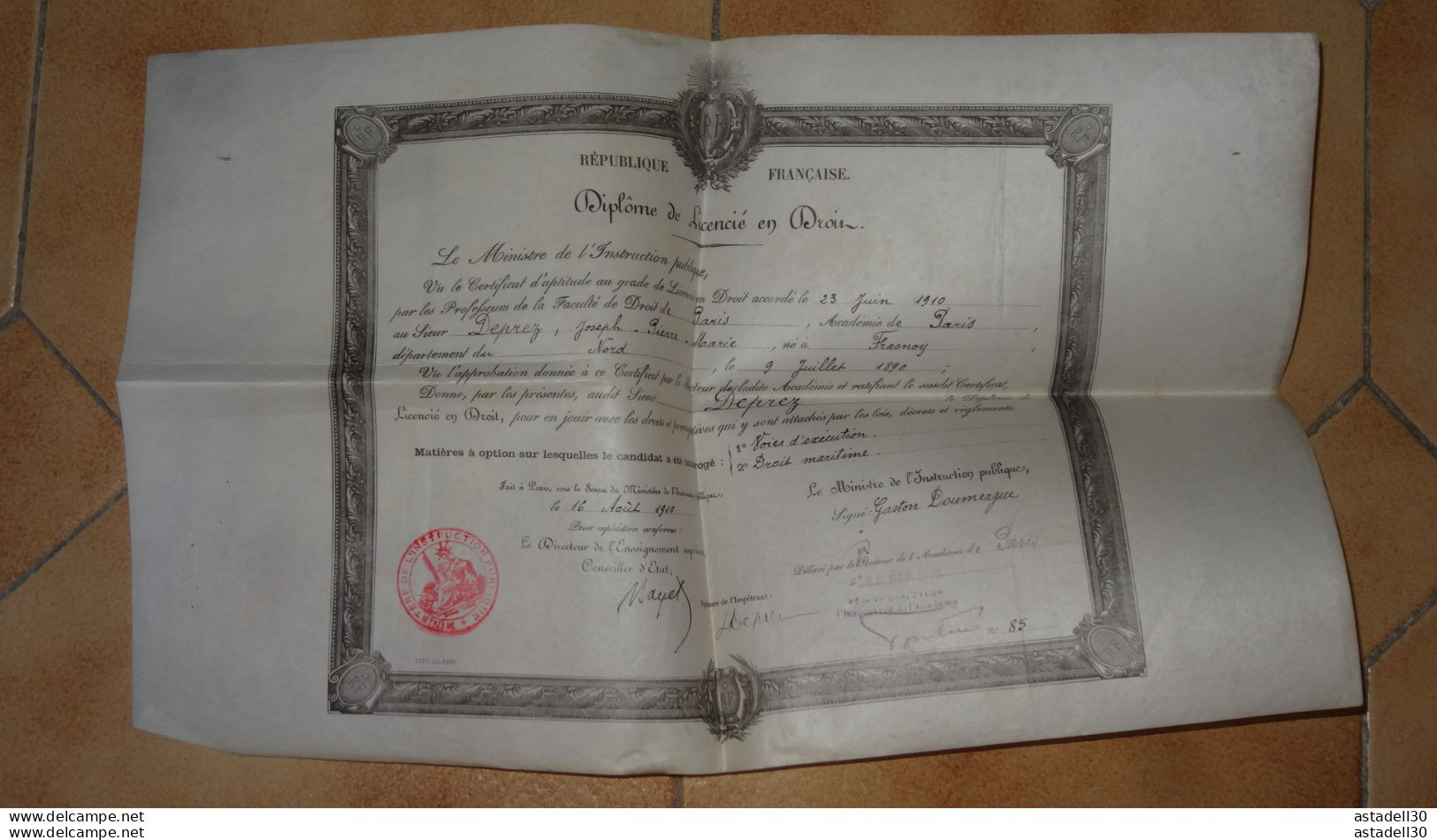 Diplome De Lecencié En Droit De 1910 , DEPREZ Né A Fresnoy............. PHI-Caisse41 ........ DIP-002 - Diplômes & Bulletins Scolaires
