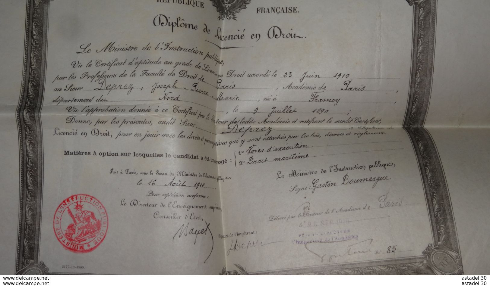 Diplome De Lecencié En Droit De 1910 , DEPREZ Né A Fresnoy............. PHI-Caisse41 ........ DIP-002 - Diplome Und Schulzeugnisse