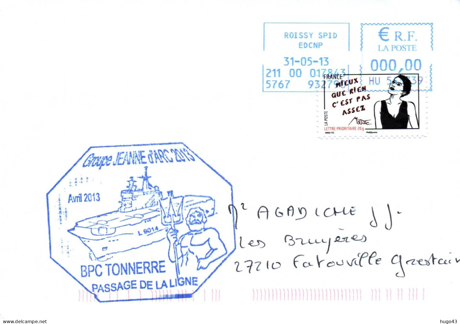ENVELOPPE AVEC CACHET B.P.C. TONNERRE - GROUPE JEANNE D' ARC 2013 - AVRIL 2013 - PASSAGE DE LA LIGNE LE 31/05/13 - Poste Navale