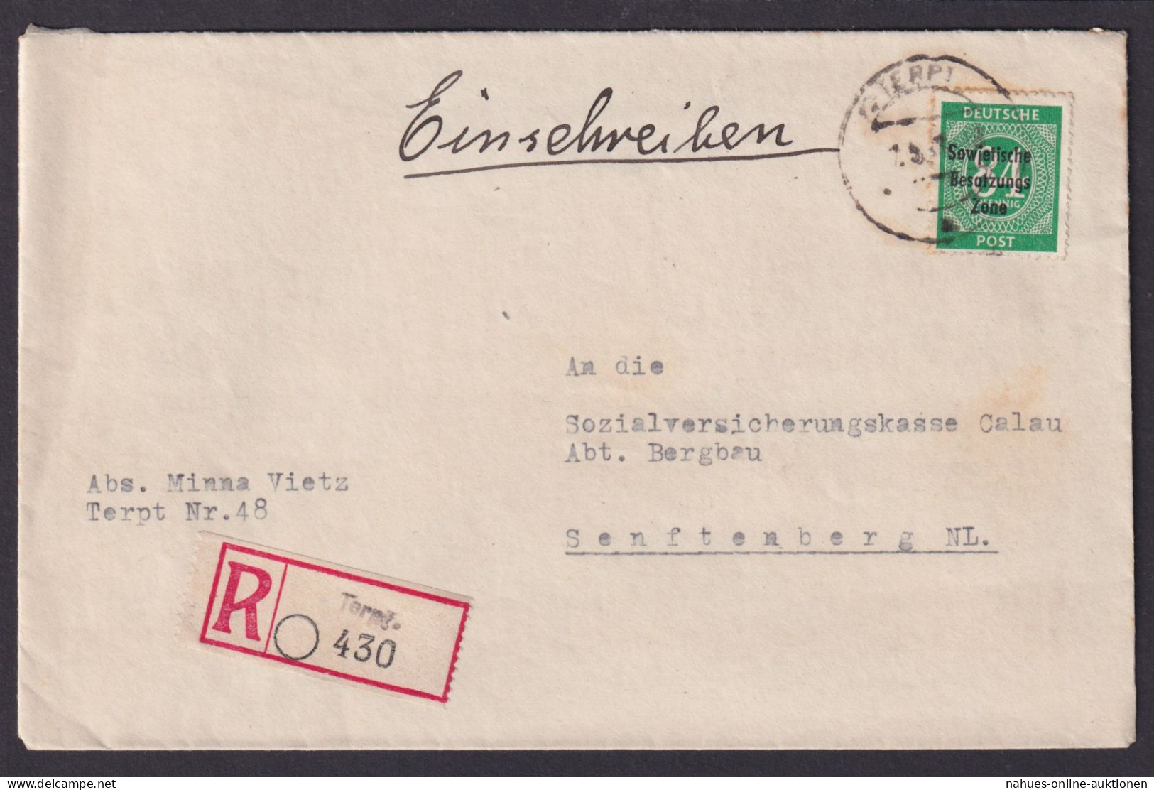 Terpt R Brief SBZ EF 84 Pfg. Aufdruck Mit Not R Zettel N Senftenberg Brandenburg - Other & Unclassified