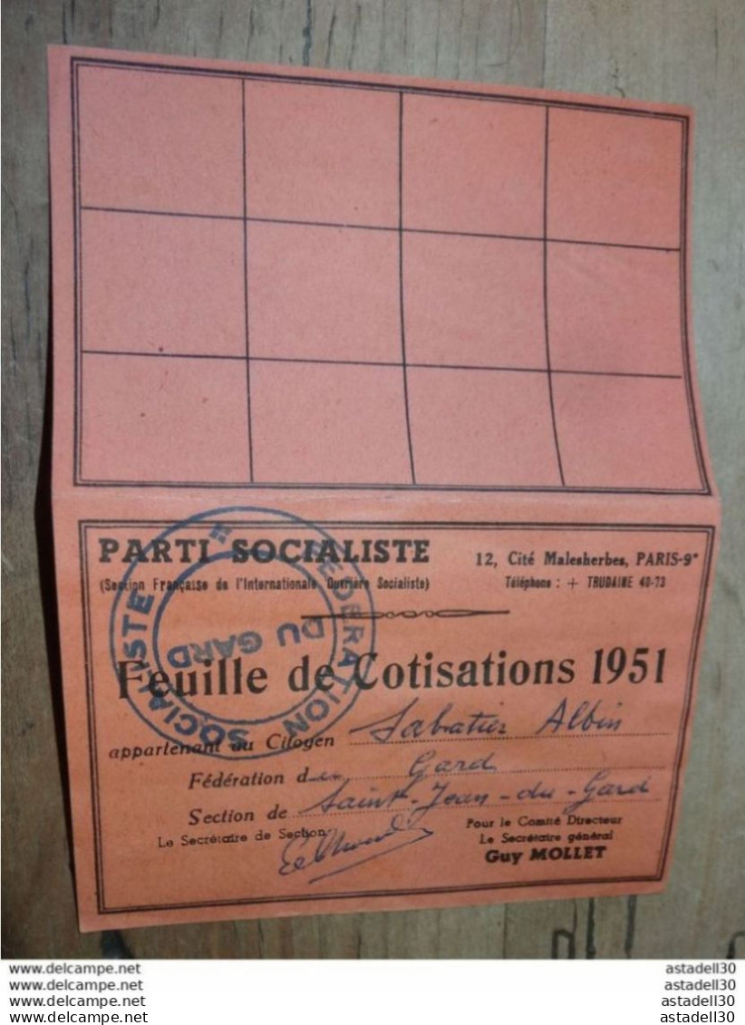 PARTI SOCIALISTE, Feuille De Cotisation De 1951 Avec Timbres ........... PHI-CL-6-6 - Other & Unclassified