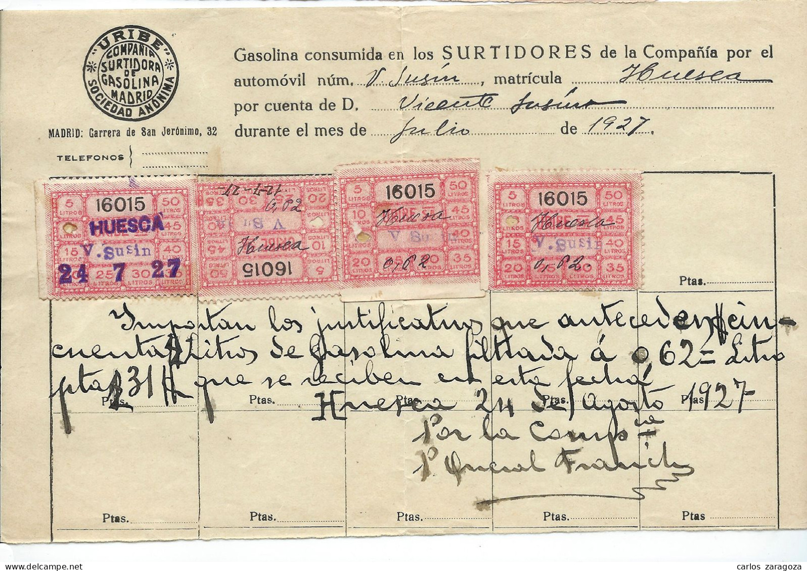 ESPAÑA 1927—Sellos Justificantes De Gasolina En Recibo URIBE SA—Docum. Histórico Anterior A CAMPSA - España