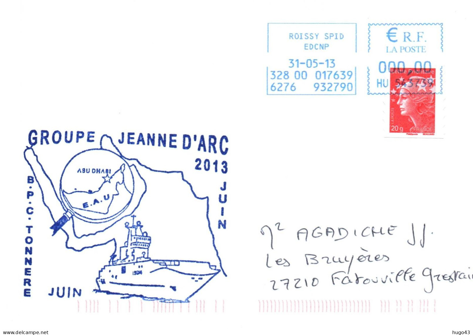 ENVELOPPE AVEC CACHET B.P.C. TONNERRE - GROUPE JEANNE D' ARC 2013 - ABU DHABI  LE 31/05/2013 - Naval Post