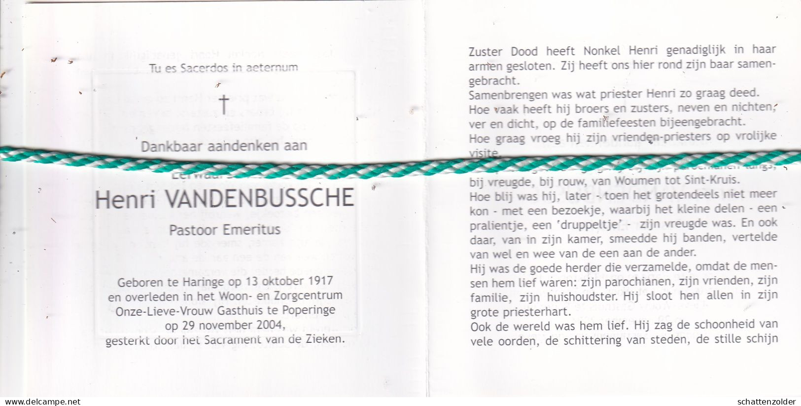Priester Henri Vandenbussche, Haringe 1917, Poperinge 2004. Foto - Obituary Notices