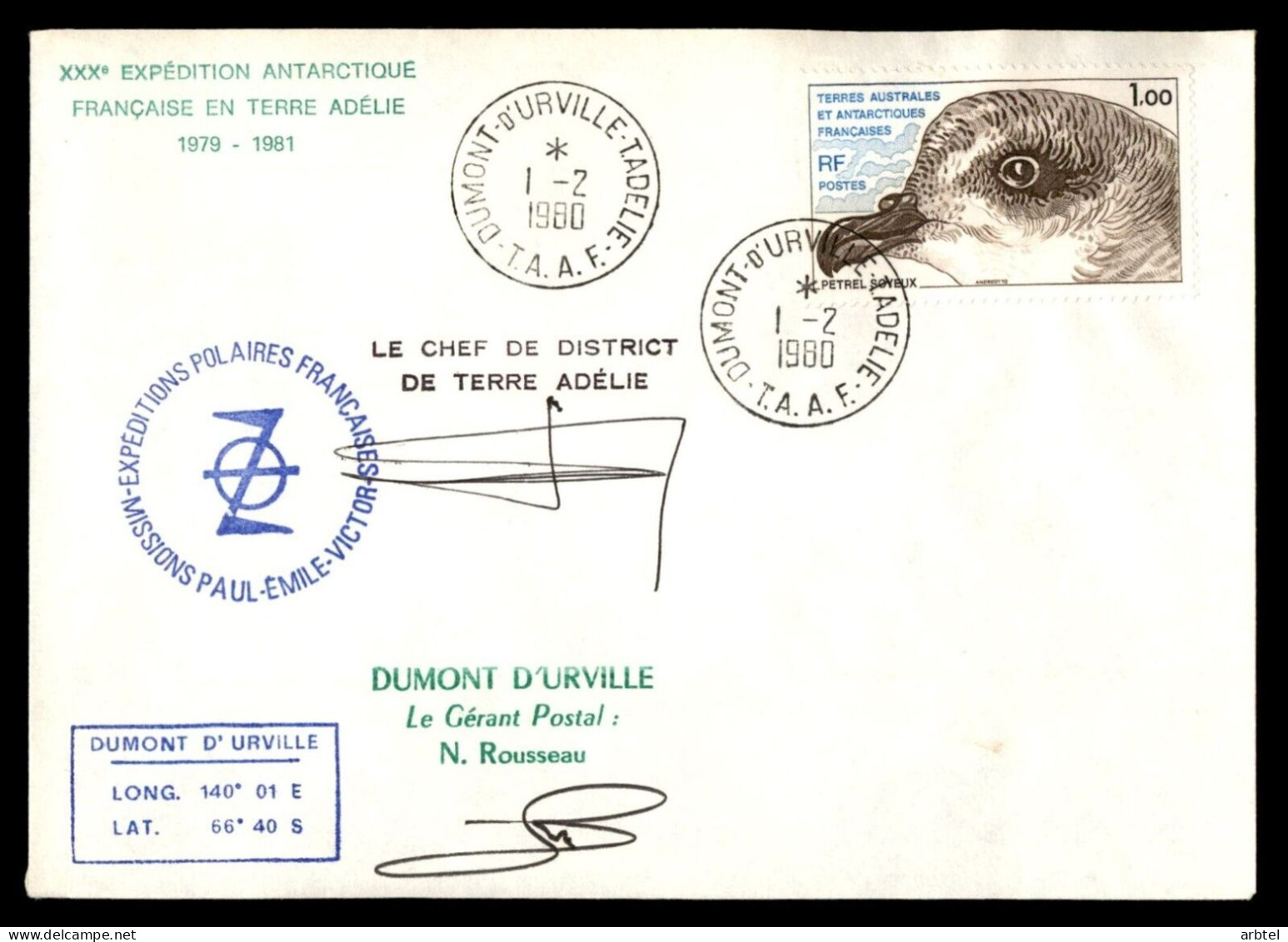 ANTARTIDA ANTARCTIC TAAF DUMONT D'URVILLE 1980 PETREL AVE PAJARO BIRD - Fauna Antártica