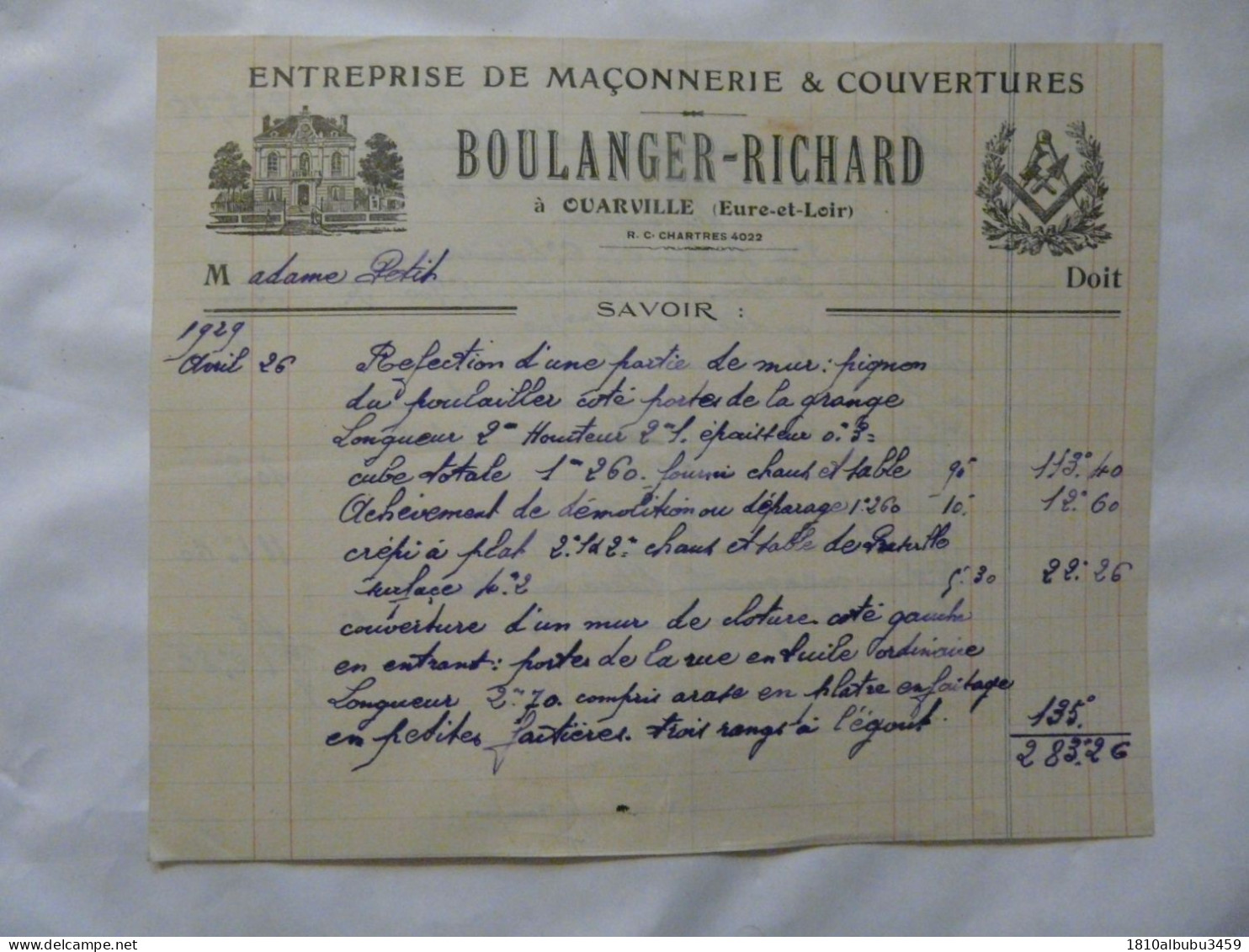 FACTURE ANCIENNE : Entreprise De Maçonnerie & Couvertures BOULANGER-RICHARD - OUARVILLE 1929 - 1900 – 1949