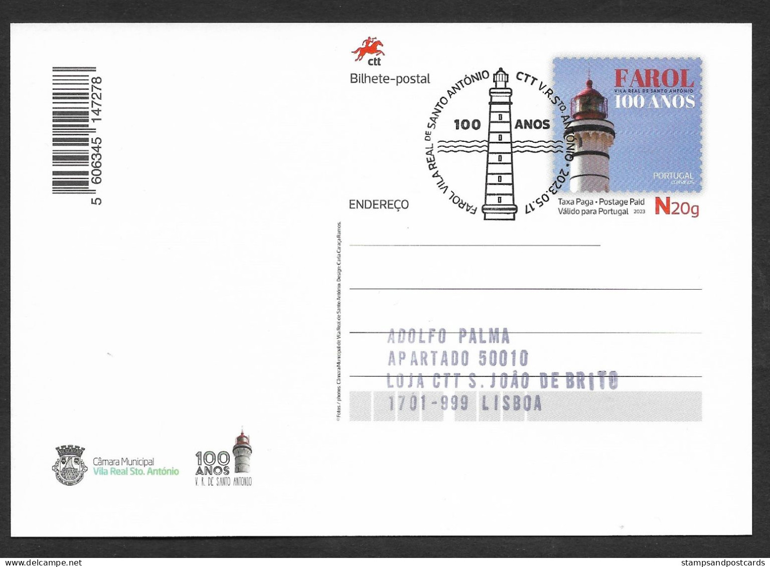 Portugal Entier Postal 2023 Phare Vila Real De Santo António Algarve 100 Ans Cachet Pmk Stationery Lighthouse - Ganzsachen
