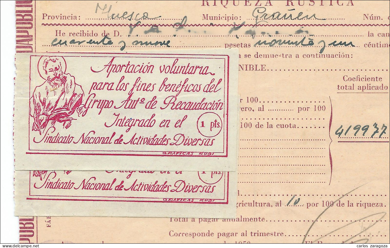 1958 — Sindicato Nacional De Actividades Diversas. Sellos En Recibo De Contribución Territorial - Revenue Stamps