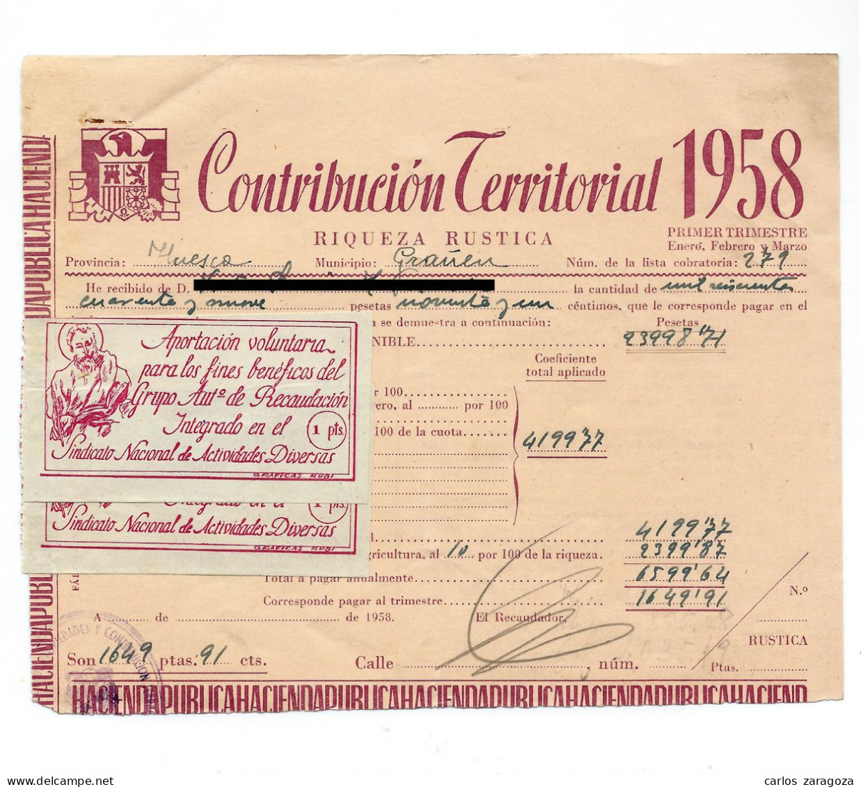 1958 — Sindicato Nacional De Actividades Diversas. Sellos En Recibo De Contribución Territorial - Fiscale Zegels