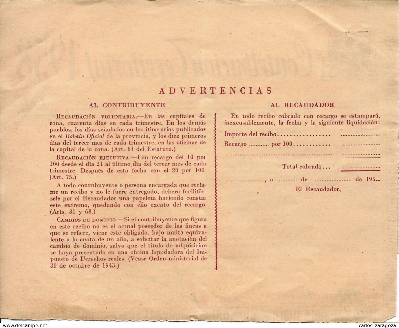 1958 — Sindicato Nacional De Actividades Diversas. Sellos En Recibo De Contribución Territorial - Steuermarken