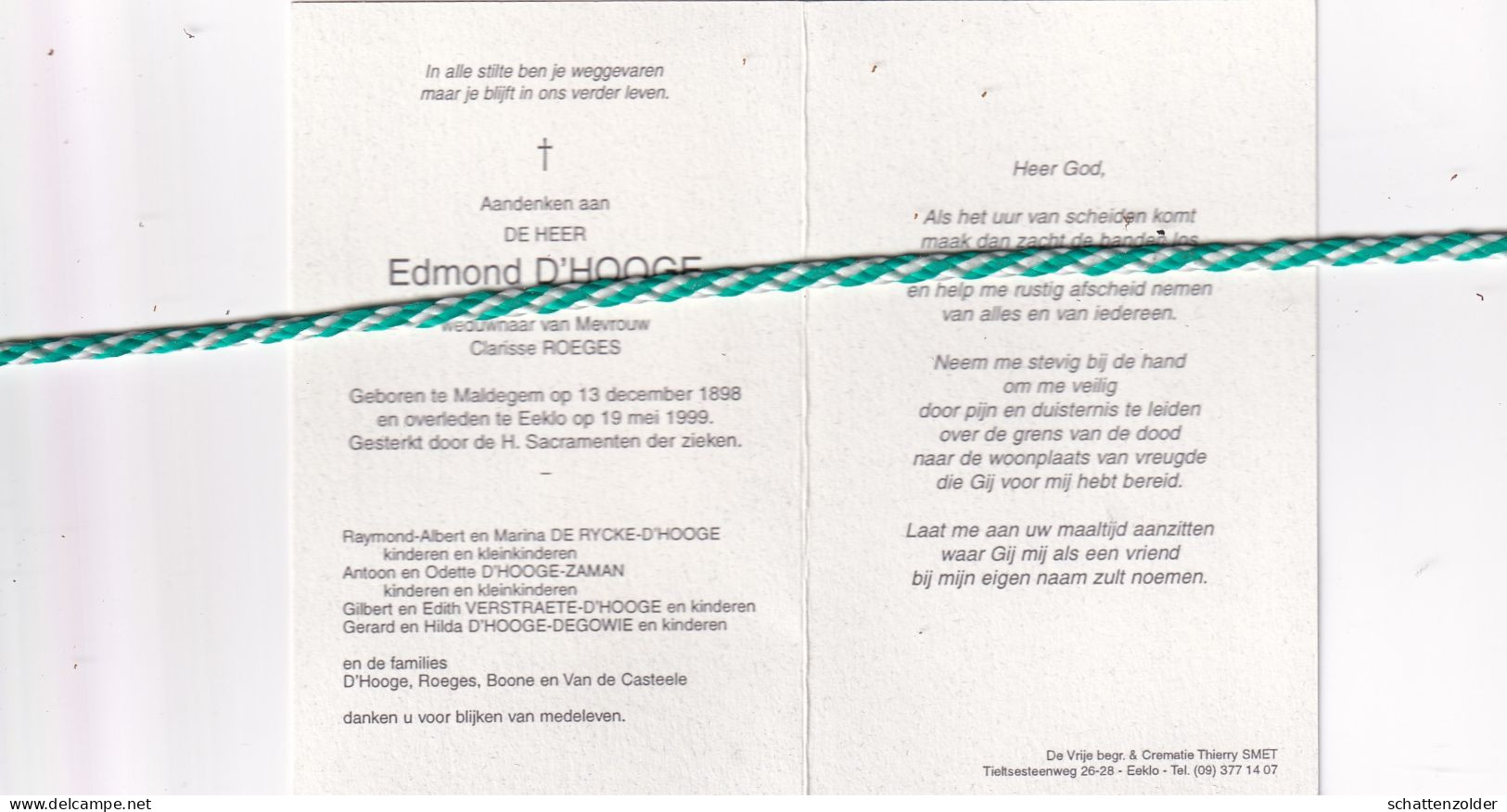 Edmond D'Hooge-Roeges, Maldegem 1898, Eeklo 1999. Honderdjarige - Obituary Notices