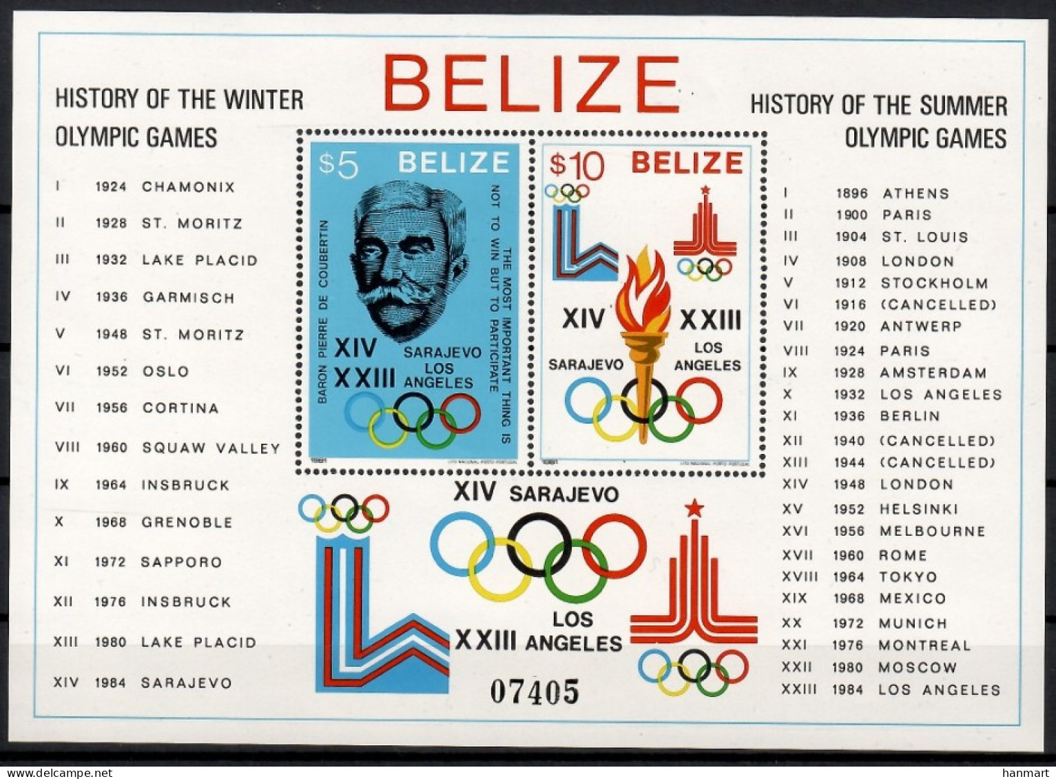 Belize 1981 Mi Block 36A MNH  (ZS1 BLZbl36a) - Summer 1984: Los Angeles