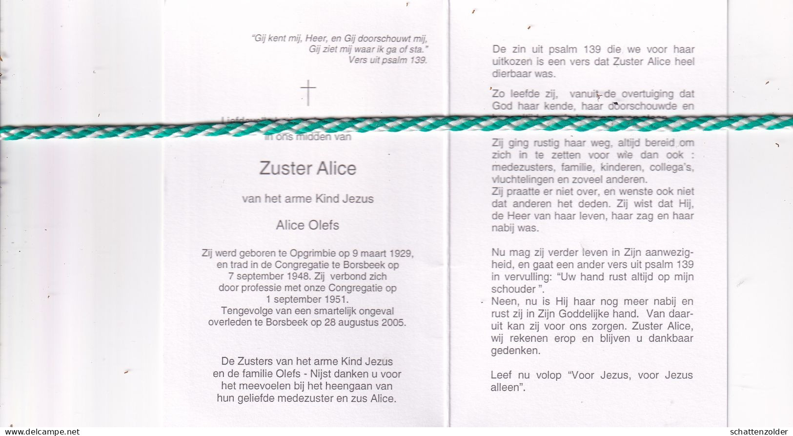Zuster Alice (Alice Olefs), Opgrimbie 1929, Borsbeek 2005. Foto - Obituary Notices