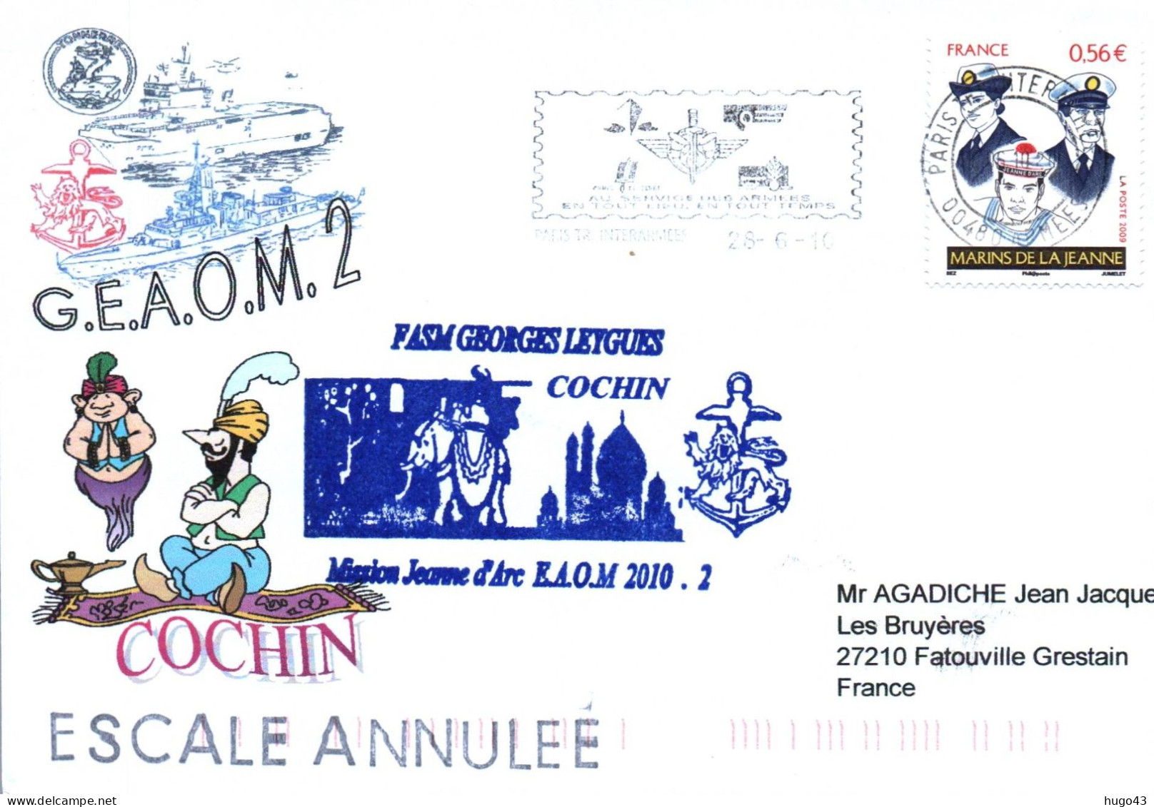 ENVELOPPE AVEC CACHET FREGATE GEORGES LEYGUES - MISSION JEANNE D' ARC GEAOM 2010 - COCHIN - ESCALE ANNULEE - Poste Navale