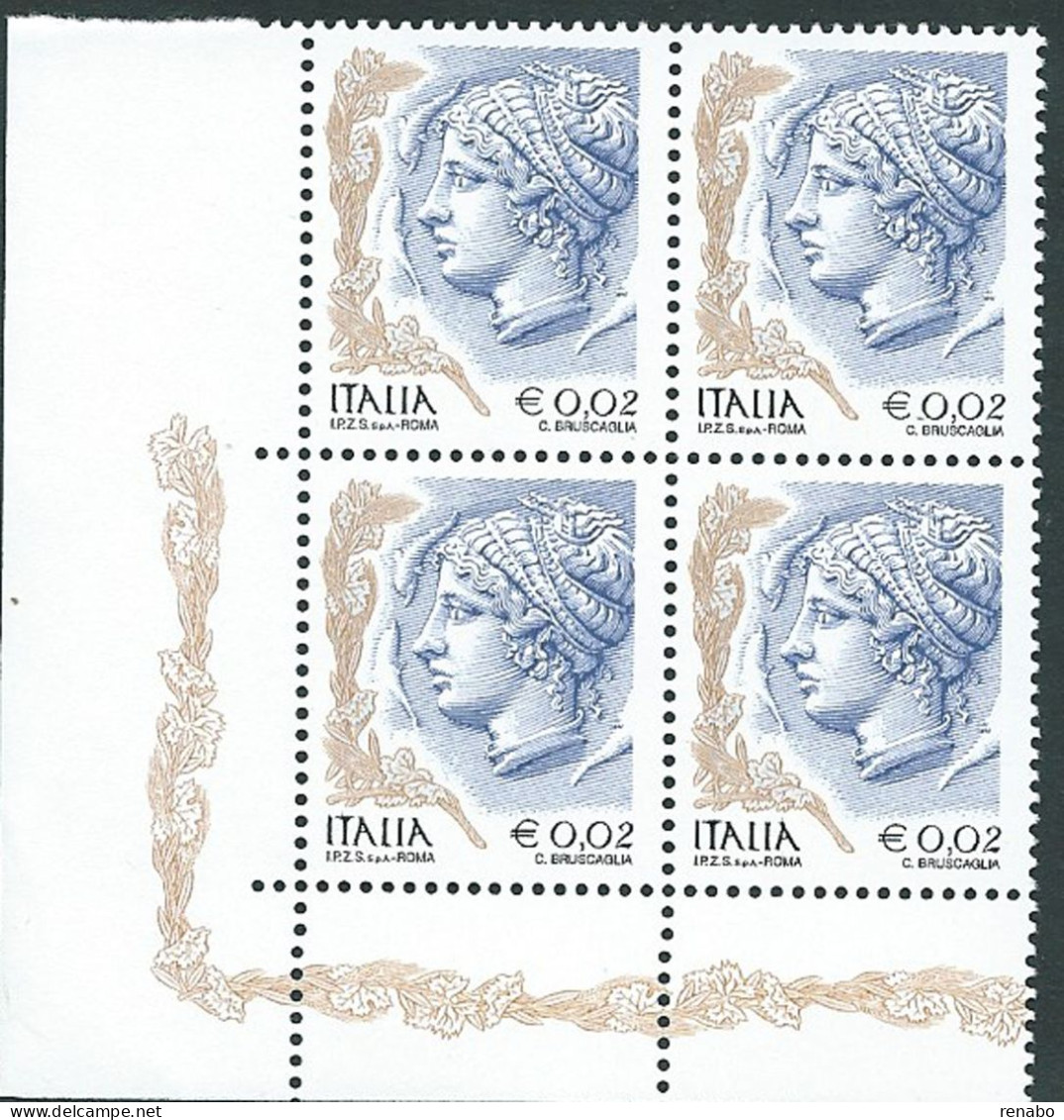 Italia 2003 ; La Donna Nell' Arte Da € 0,02 S.p.A. ; Quartina Di Angolo Inferiore Sinistro. - 2001-10:  Nuovi