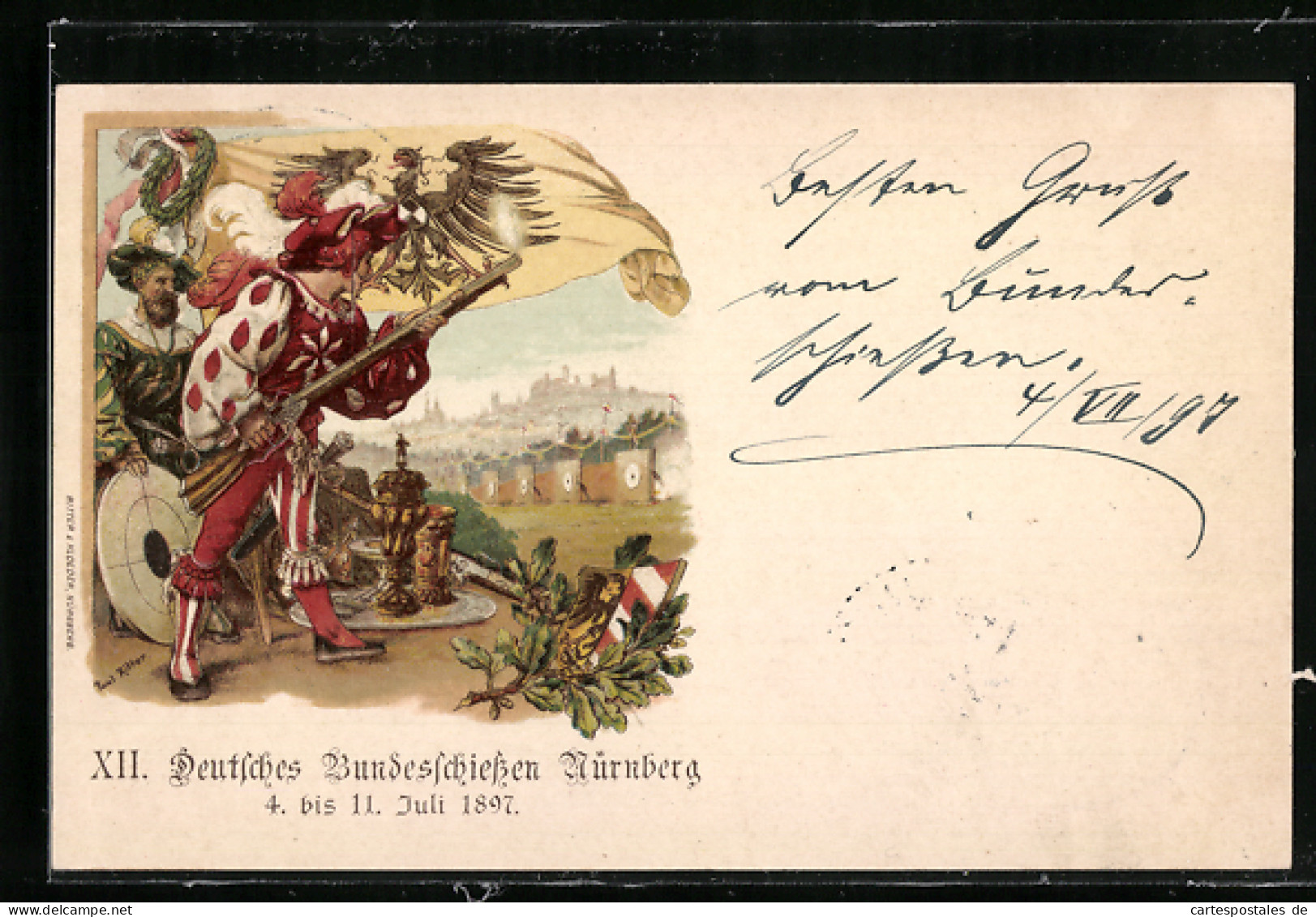 Lithographie Nürnberg, XII. Deutsches Bundesschiessen 1897, Schützenfest  - Jacht