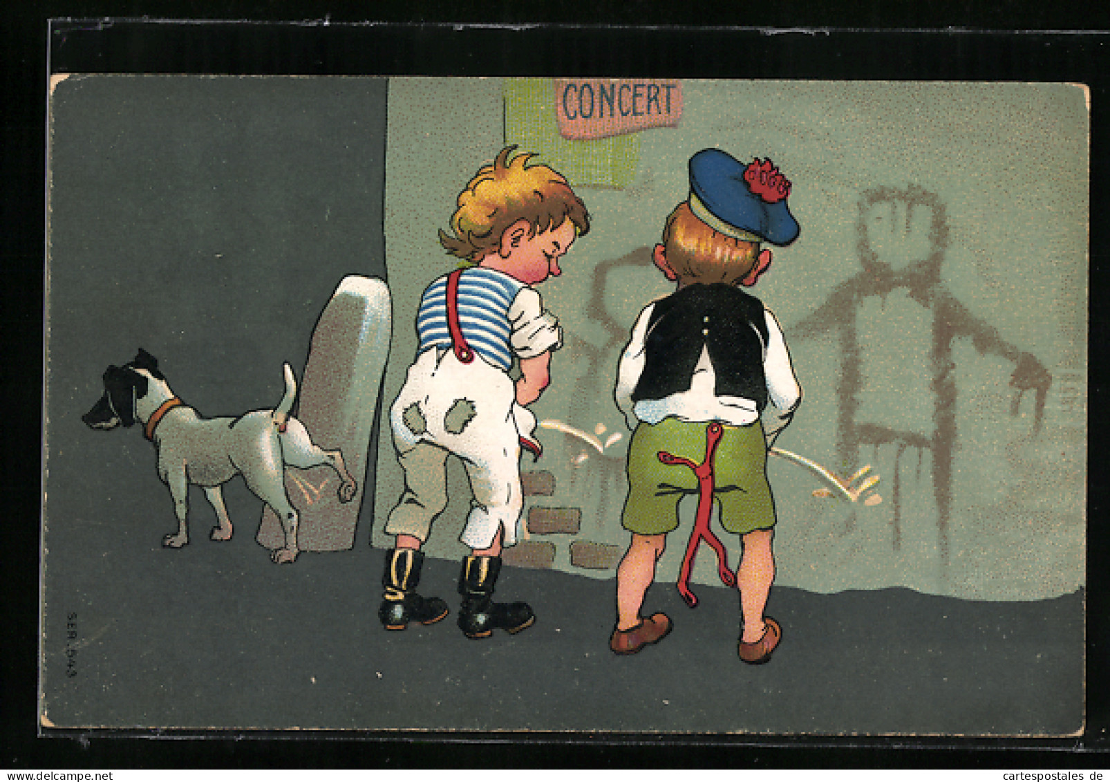 AK Zwei Jungen Pinkeln Strichmännchen An Die Wand, Daneben Markiert Ein Hund Sein Revier  - Humor