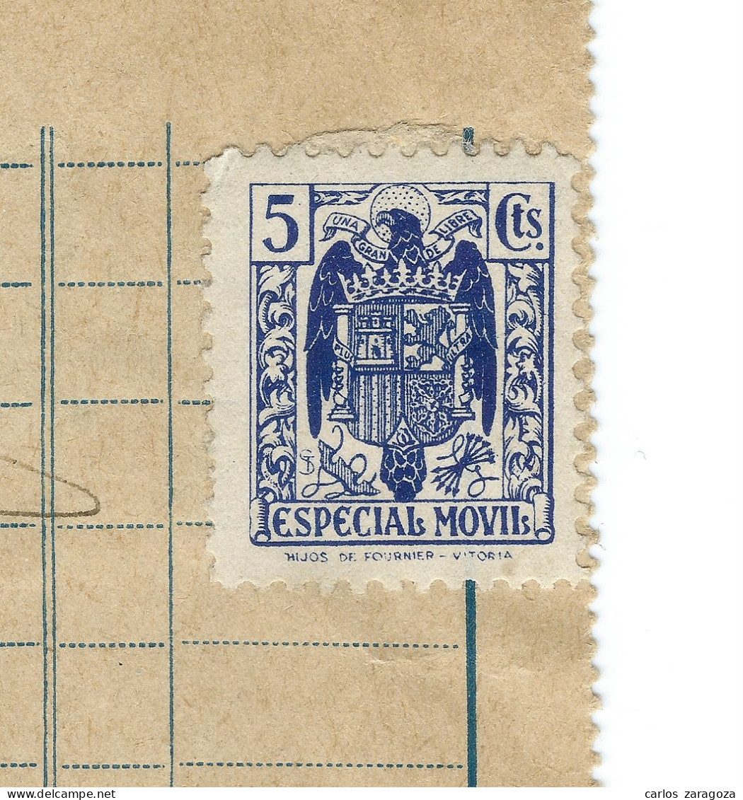 ESPAÑA, 1940. Timbre ESPECIAL MOVIL 5 Cts. HIJOS DE FOURNIER - VITORIA — Sello Fiscal En Factura - Fiscale Zegels