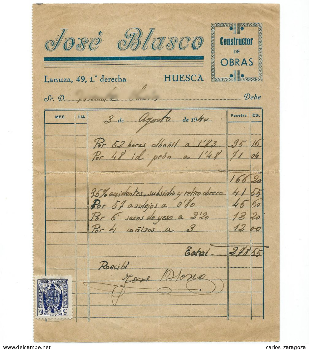 ESPAÑA, 1940. Timbre ESPECIAL MOVIL 5 Cts. HIJOS DE FOURNIER - VITORIA — Sello Fiscal En Factura - Fiscaux
