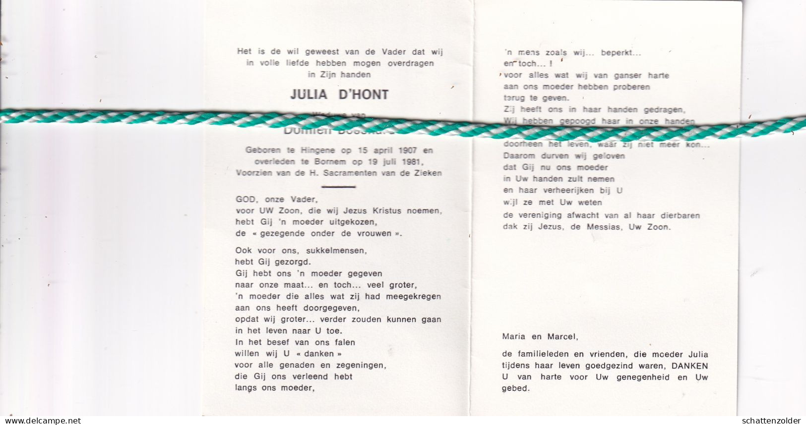 Julia D'Hont-Bosshard, Hingene 1907, Bornem 1981 - Obituary Notices