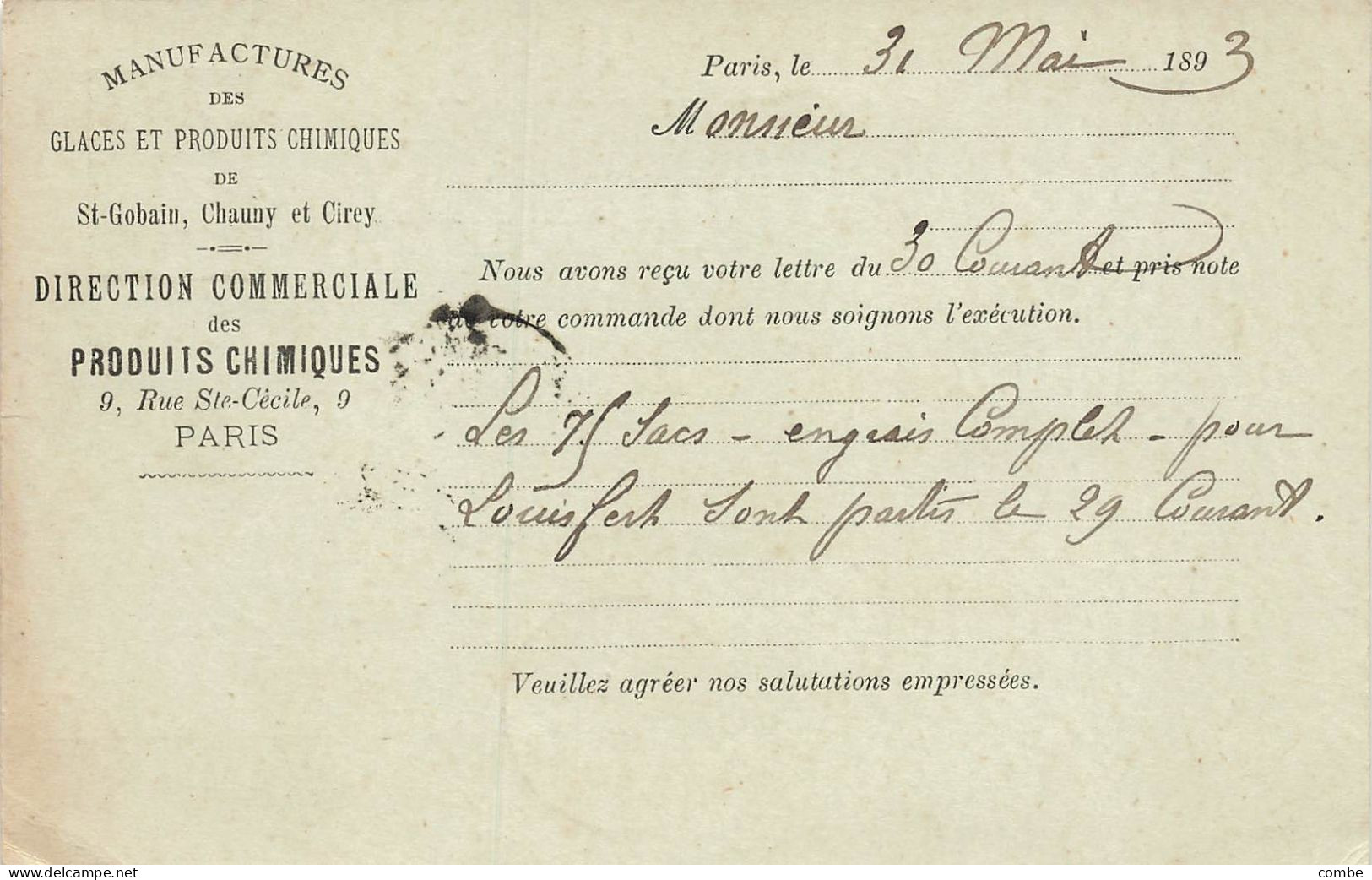 CARTE.  ENTIER PRIVÉ. SAGE. 1893. PARIS. Rte Ste CECILE. MANUFACTURES DES GLACES ET PRODUITS CHIMIQUES DE St GOBAIN - 1877-1920: Semi-moderne Periode