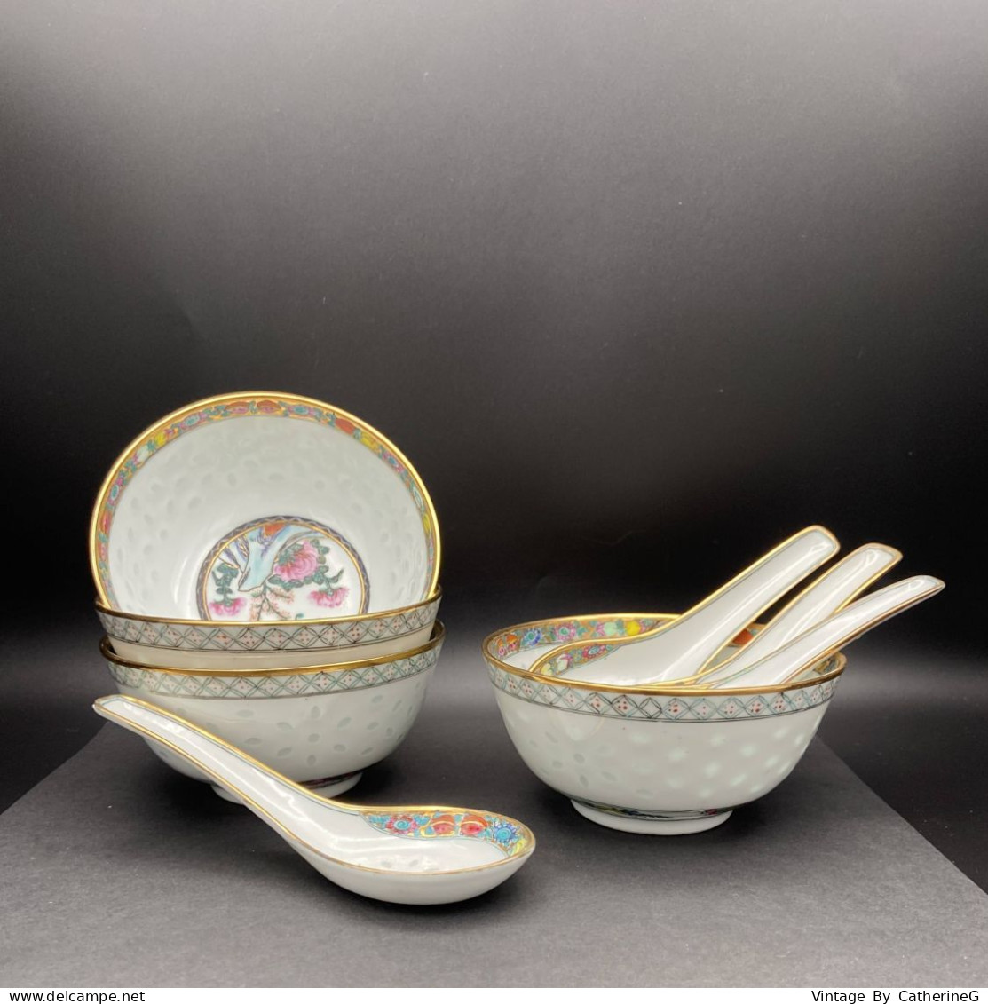 ROYAL SATSUMA 1973 Porcelaine "grains De Riz" Lot De 4x Bols + Cuillères  Pivoine Papillon + Dorures  #240057 - Art Asiatique