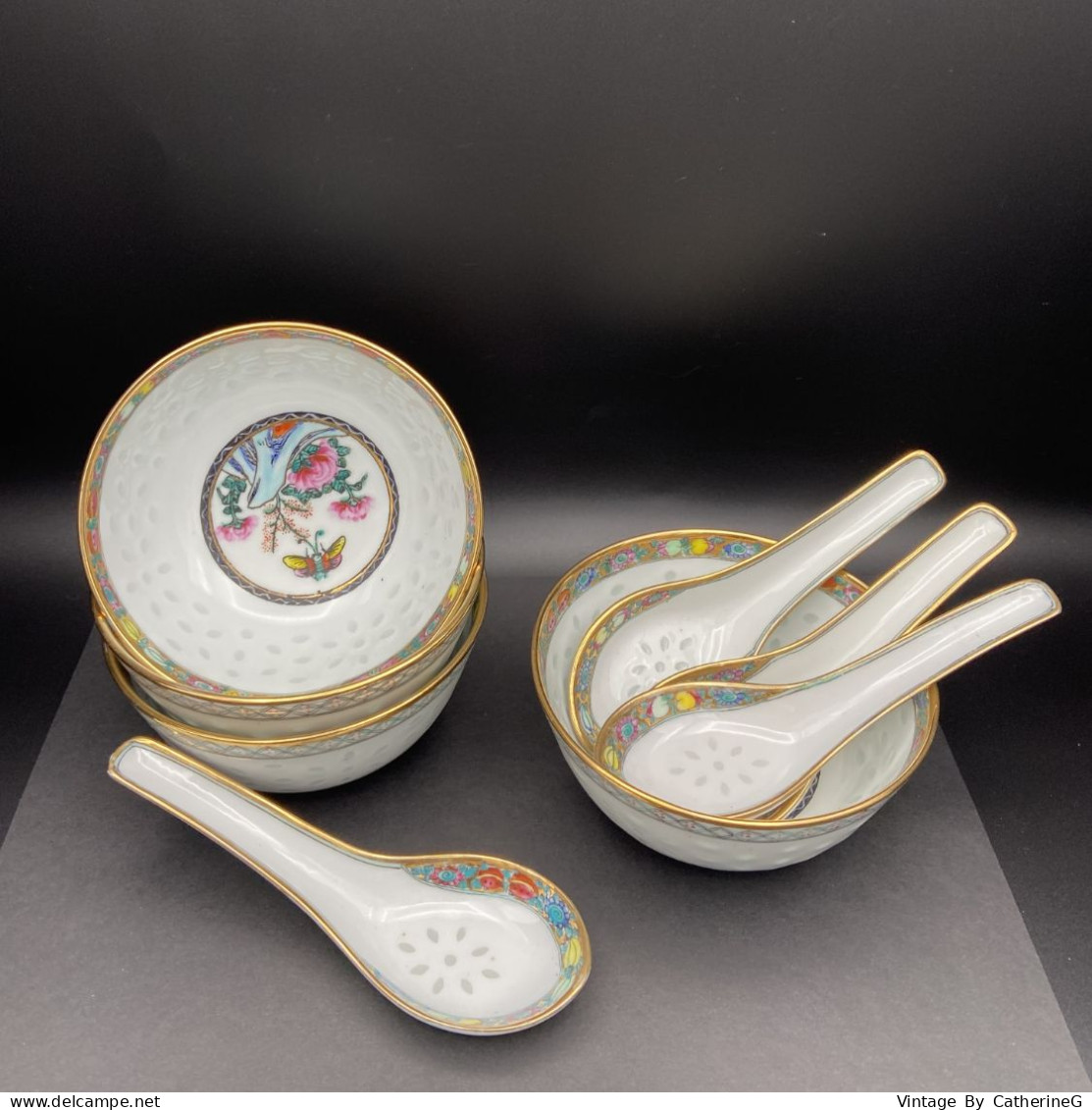ROYAL SATSUMA 1973 Porcelaine "grains De Riz" Lot De 4x Bols + Cuillères  Pivoine Papillon + Dorures  #240057 - Asiatische Kunst