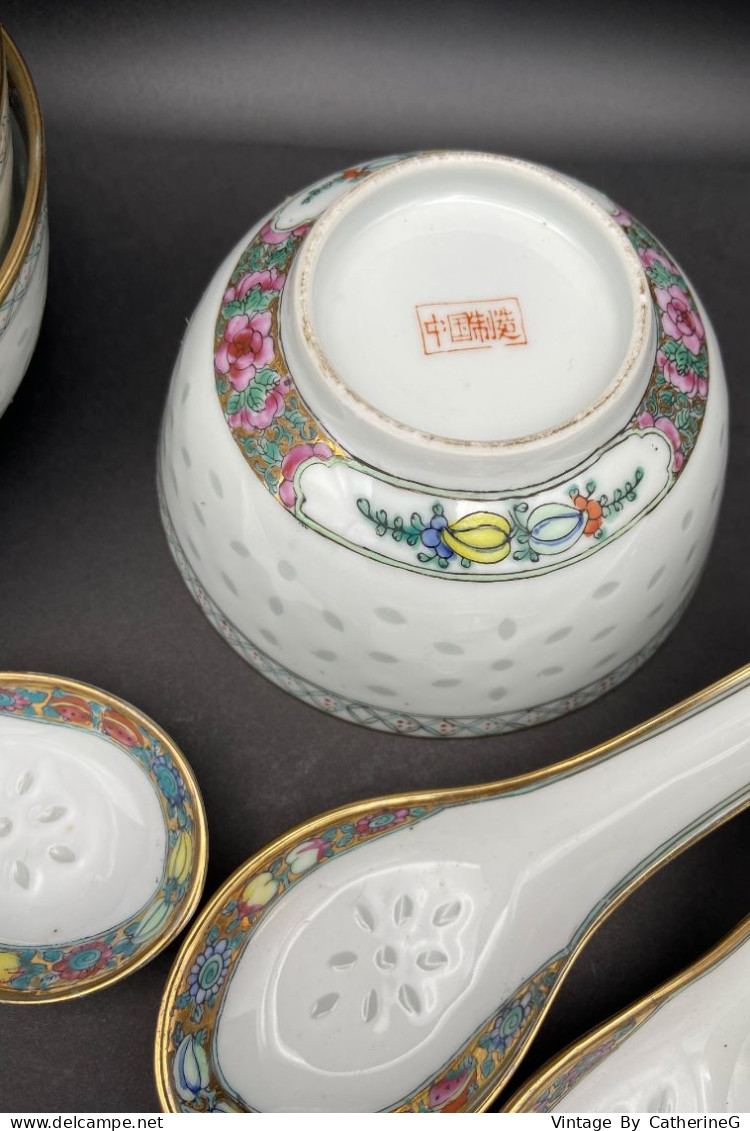 ROYAL SATSUMA 1973 Porcelaine "grains De Riz" Lot De 4x Bols + Cuillères  Pivoine Papillon + Dorures  #240057 - Asian Art