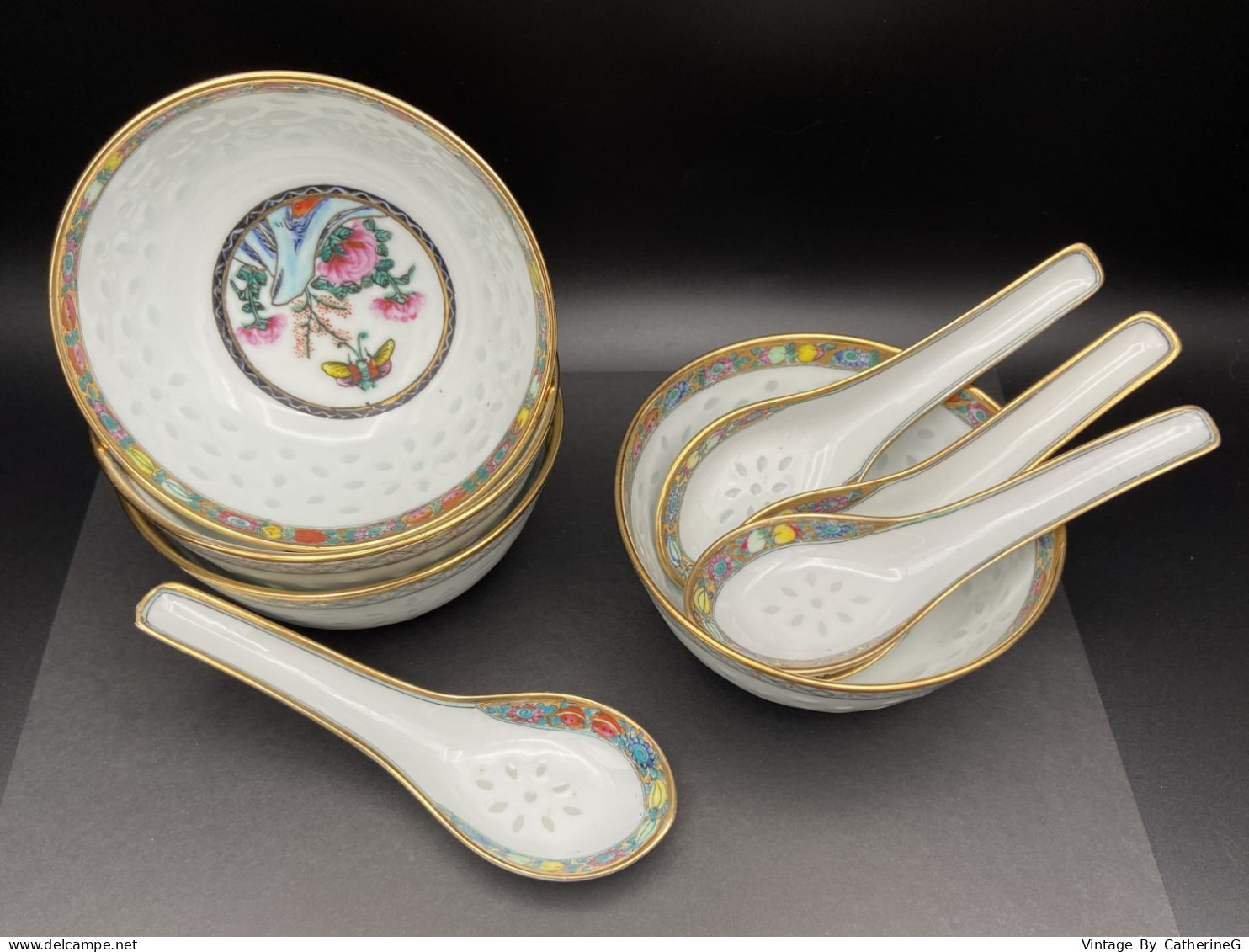 ROYAL SATSUMA 1973 Porcelaine "grains de riz" lot de 4x bols + cuillères  Pivoine Papillon + dorures  #240057