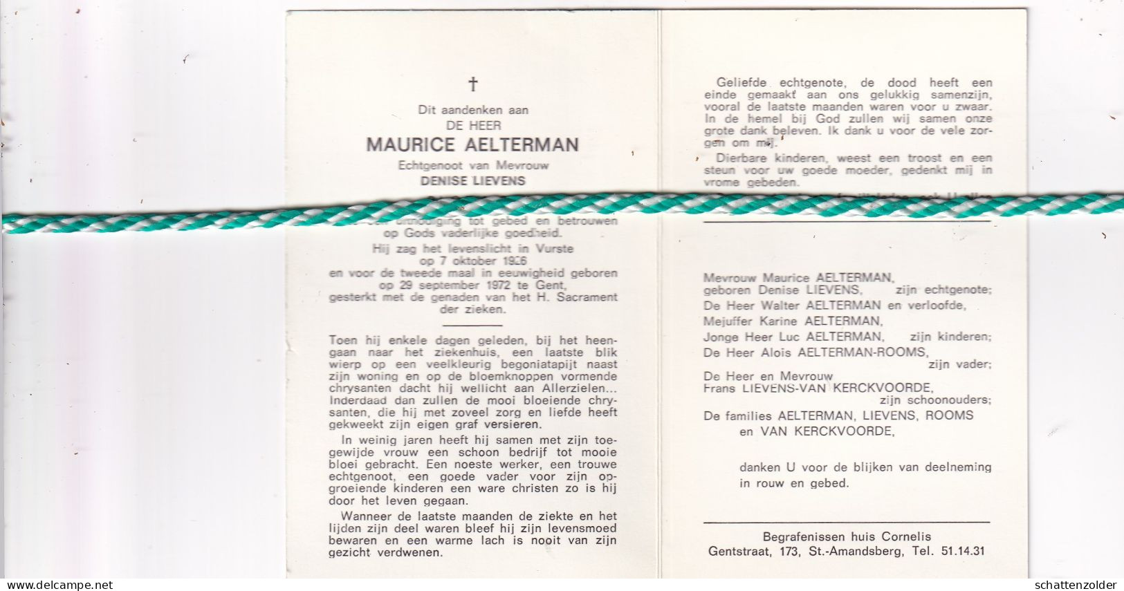 Maurice Aelterman-Lievens, Vurste 1926, Gent 1972. Bloemist - Todesanzeige
