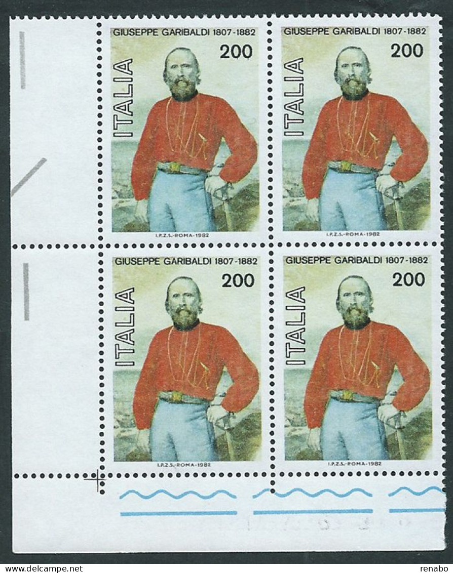 Italia 1982; Giuseppe Garibaldi, Generale E Patriota. Quartina Di Angolo Inferiore. - 1981-90: Mint/hinged