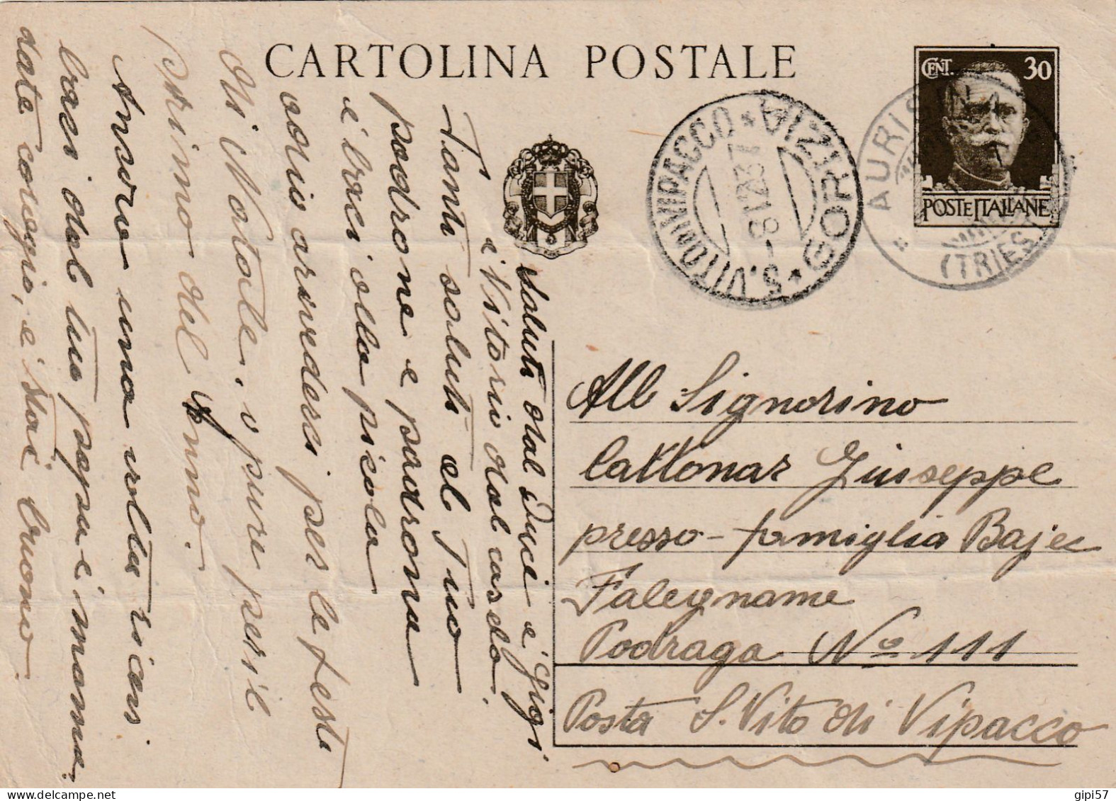 CARTOLINA POSTALE 30 CENT. ANNULLO EX ITALIA 1937 S. VITO DI VIPACCO GORIZIA + AURISINA TRIESTE (PIEGHE) - Gorizia